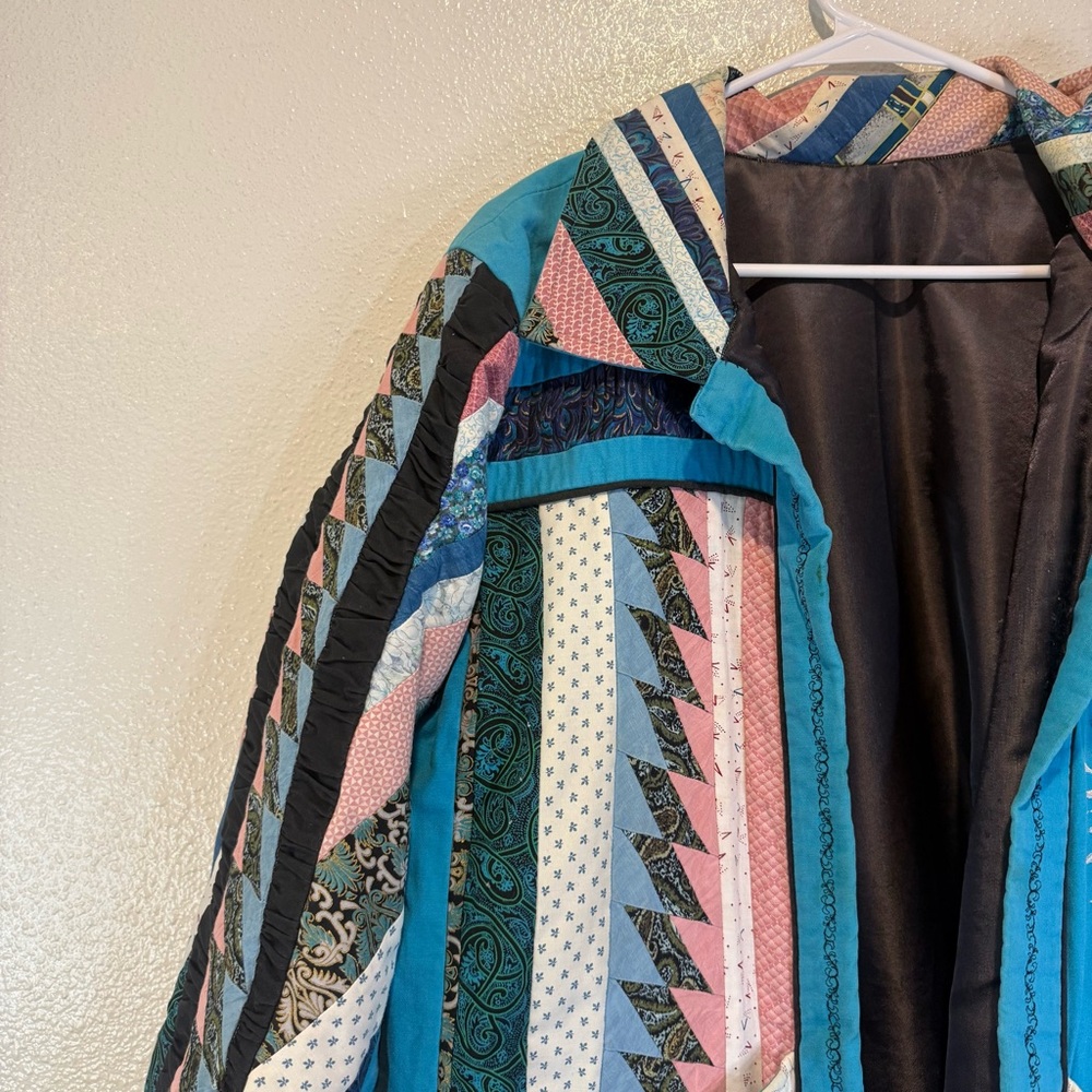 VTG Handcrafted Teal Patchwork Quilted Jacket wit… - image 2